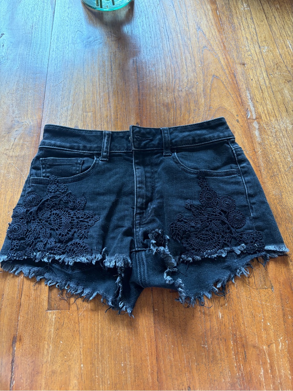 American Eagle Outfitters Black Denim Lace-Appliqué Cutoff Shorts - Picture 3 of 7